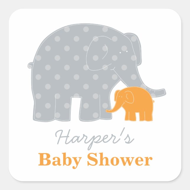 Sticker Carré Mère et bébé Eléphant Douche orange et gris (Devant)