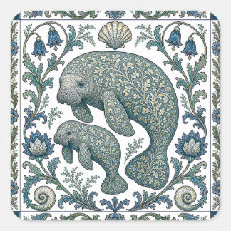 Sticker Carré Mère et bébé lamantin magnifiques, vintage orné