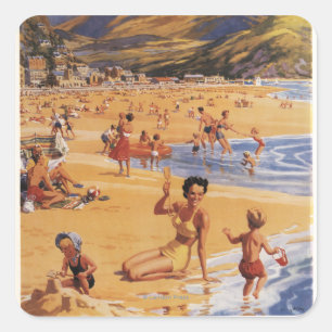 Sticker Carré Mère et enfants British Rail de scène de plage