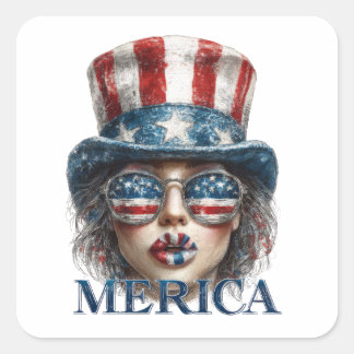 Sticker Carré Merica Girl, 4 juillet Glam Girl with Stars