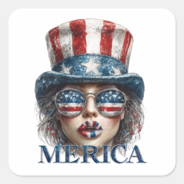 Sticker Carré Merica Girl, 4 juillet Glam Girl with Stars