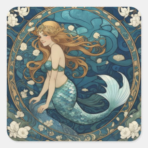 Sticker Carré Mermaid Art Nouveau Art Déco Style Bleu