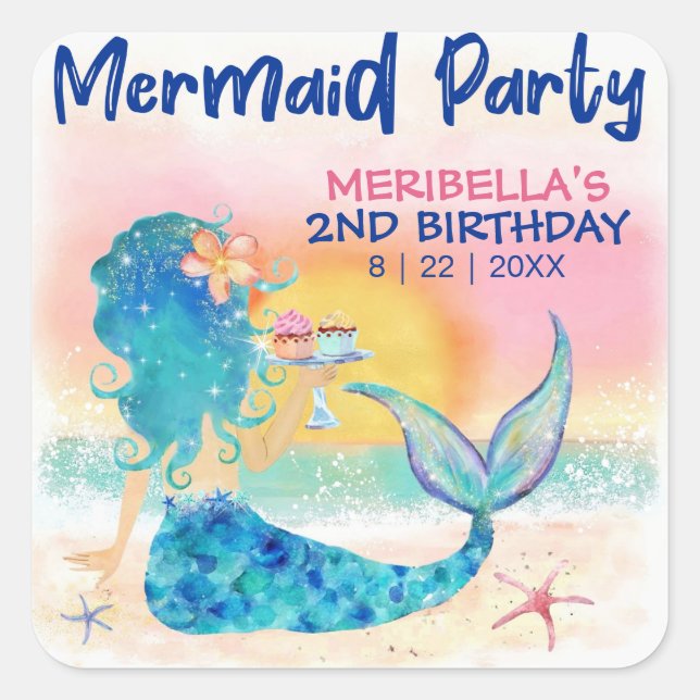 Sticker Carré Mermaid Cupcakes Tropical Beach Girl'anniversaire (Devant)