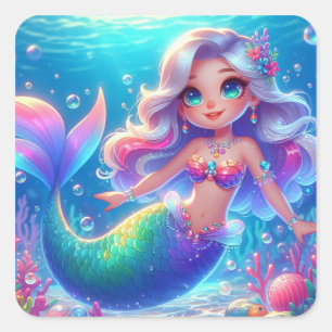 Sticker Carré Mermaid, princesse sous-marine magique