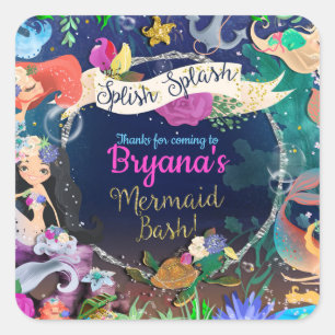 Sticker Carré Mermaids sous la mer Mermaid Bash fête d'anniversa