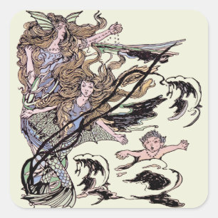 Sticker Carré Mermaids Vintage Victorian Illustration