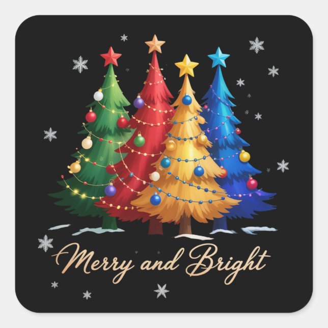 Sticker Carré Merry and Bright Trees Christmas Holiday Gift Cute (Devant)