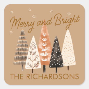 Sticker Carré Merry & Bright Brun Noël Personnalisé 