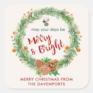 Sticker Carré Merry & Bright Christmas Wreath