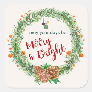 Sticker Carré Merry & Bright Christmas Wreath