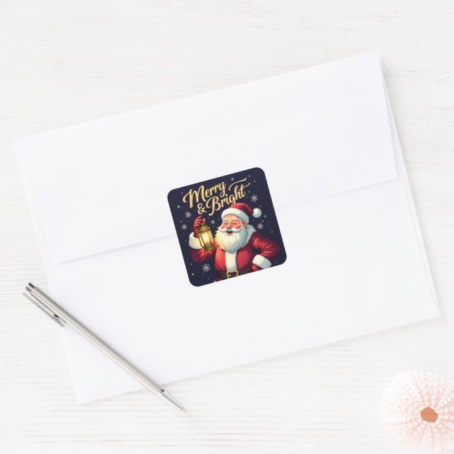 Sticker Carré Merry Bright Santa Holding Lantern Illustration (Enveloppe)