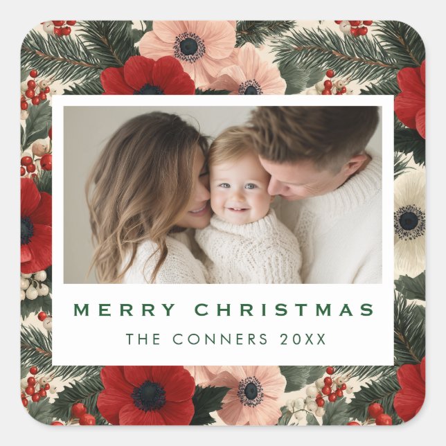 Sticker Carré Merry Christmas Anemone Floral Background (Devant)