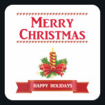 Sticker Carré Merry Christmas Candle (rouge/clr)<br><div class="desc">Christmas candle with Merry Christmas in red written above candle and red banner with Happy Holidays below.</div>