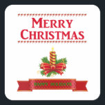 Sticker Carré Merry Christmas Candle (rouge/grn)<br><div class="desc">Christmas candle with Merry Christmas in red written above candle and red banner saying Happy Holidays in green below.</div>
