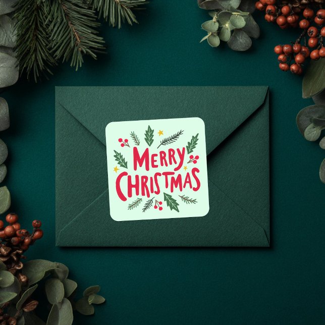 Sticker Carré MERRY CHRISTMAS Fêtes Gâchées main mignonne Whimsi (MERRY CHRISTMAS Hand-Drawn Holiday Whimsical Cute Square Sticker
)