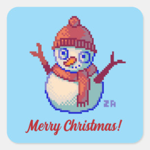 Sticker Carré Merry Christmas, pixels, Snowman
