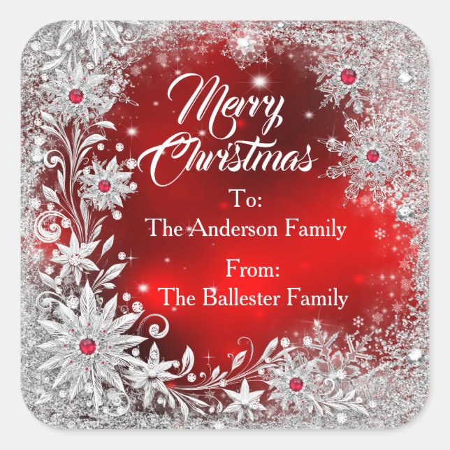 Sticker Carré Merry Christmas Red White snowflakes red gems  (Devant)