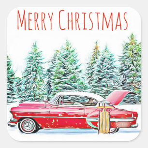 Sticker Carré Merry Christmas Retro Car et Sled Wintery