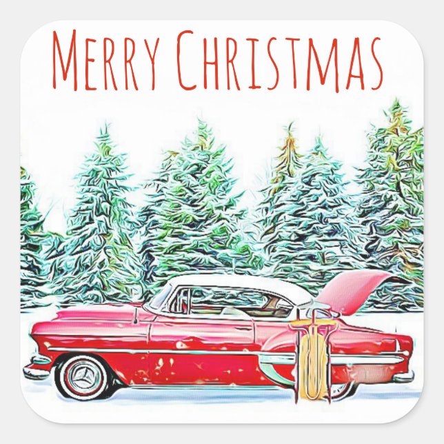 Sticker Carré Merry Christmas Retro Car et Sled Wintery (Devant)