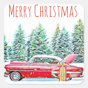 Sticker Carré Merry Christmas Retro Car et Sled Wintery