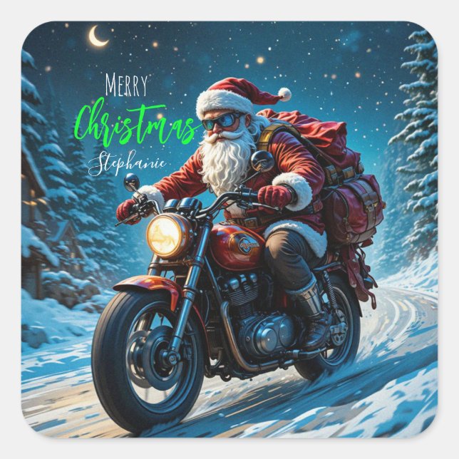 Sticker Carré Merry Christmas Santa Clause On Motorcycle (Devant)
