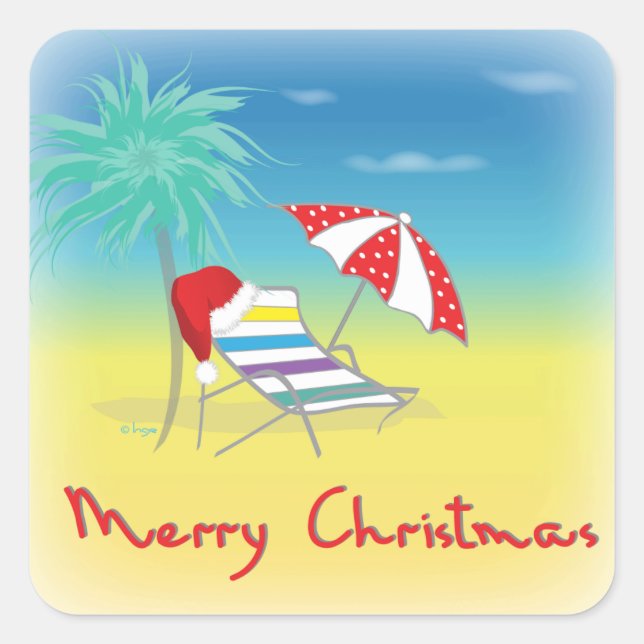 Sticker Carré Merry Christmas, Santa Hat, Palm Tree, Beach (Devant)
