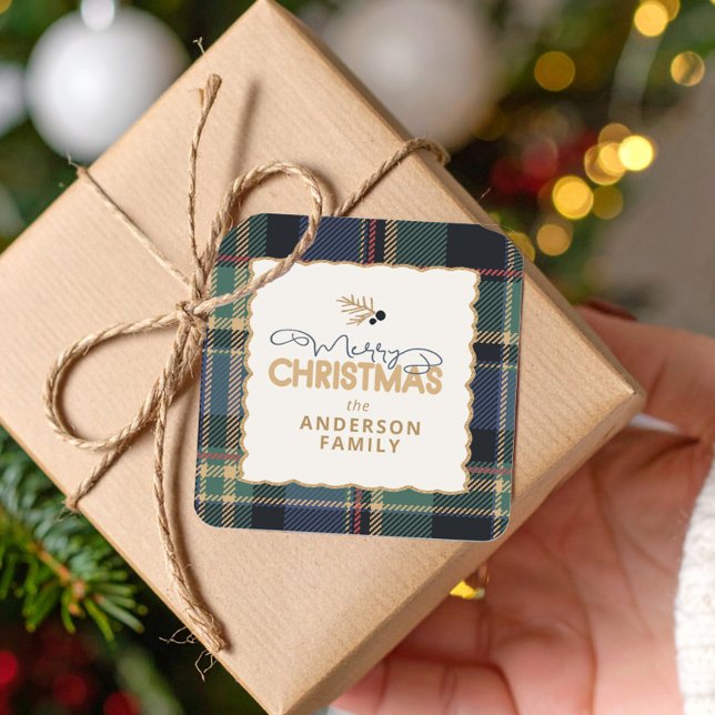 Sticker Carré Merry Christmas Tartan Border ID1141B (Créateur téléchargé)