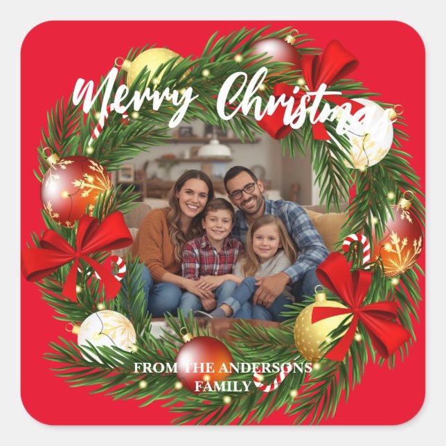 Sticker Carré Merry Christmas Wreath Photo Personalized Family N (Devant)