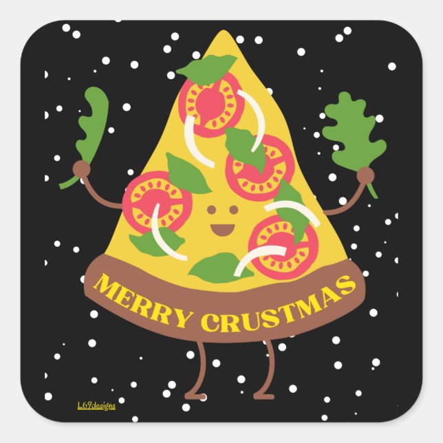 Sticker Carré MERRY CRUSTMAS drôle Noël pizza jeu de mot idée ca (Devant)