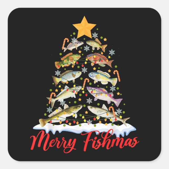 Sticker Carré Merry Fishmas Funky Christmas Tree Lights Fish Fis (Devant)