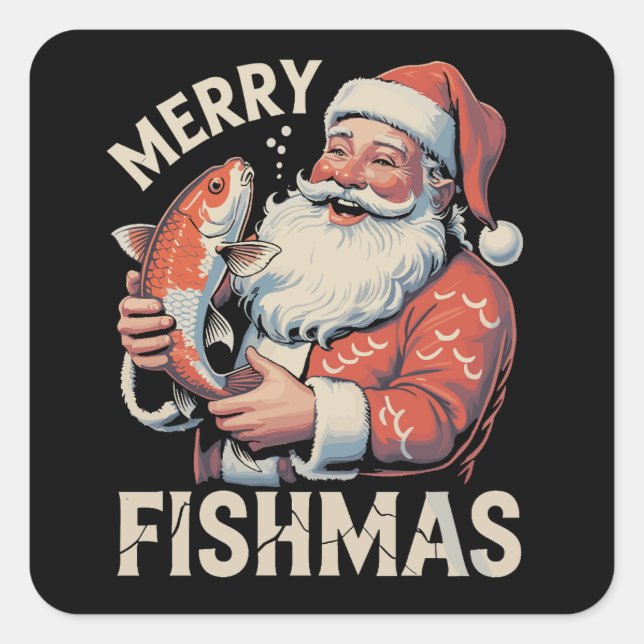 Sticker Carré Merry Fishmas Funny Noël Père Noël Pêche (Devant)