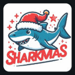Sticker Carré Merry Sharkmas, Christmas Shark, Funny Shark Xmas<br><div class="desc">Plongez dans l'esprit des vacances avec notre T-shirt Noël "Merry Sharkmas", un joli dessin de requin. Ce design adorable présente un joli requin portant un chapeau de Père Noël, ajoutant une touche de fantaisie à votre tenue de Noël. Parfait pour les amateurs de requins et tous ceux qui souhaitent célébrer...</div>