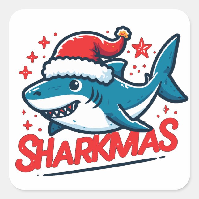 Sticker Carré Merry Sharkmas, Christmas Shark, Funny Shark Xmas (Devant)