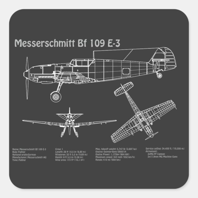Sticker Carré Messerschmitt Bf 109 - Plan d'avion PD (Devant)