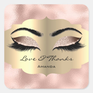 Sticker Carré Métallic Gold Lashes Rose Sweet 16th Love Thanks