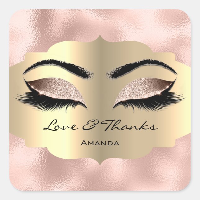 Sticker Carré Métallic Gold Lashes Rose Sweet 16th Love Thanks (Devant)
