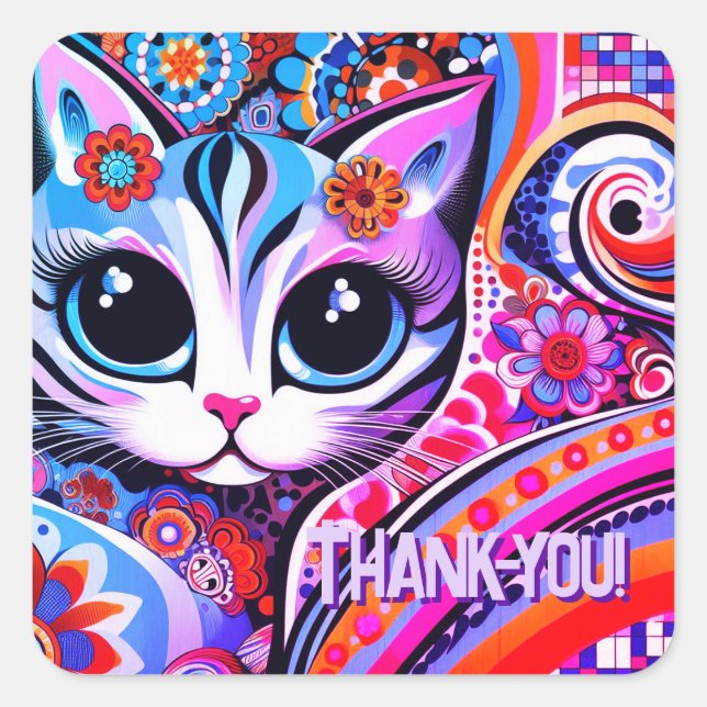 Sticker Carré Mexican Folk Art Abstract Kitty Cat Birthday (Devant)