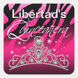Sticker Carré Mi Quinceañera Sparkling Tiara Zebra