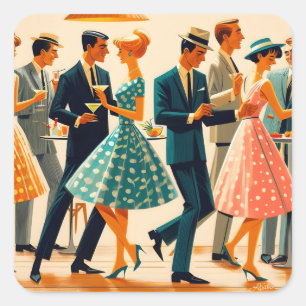 Sticker Carré Mi-siècle Moderne Martinis Danser Cocktail Party