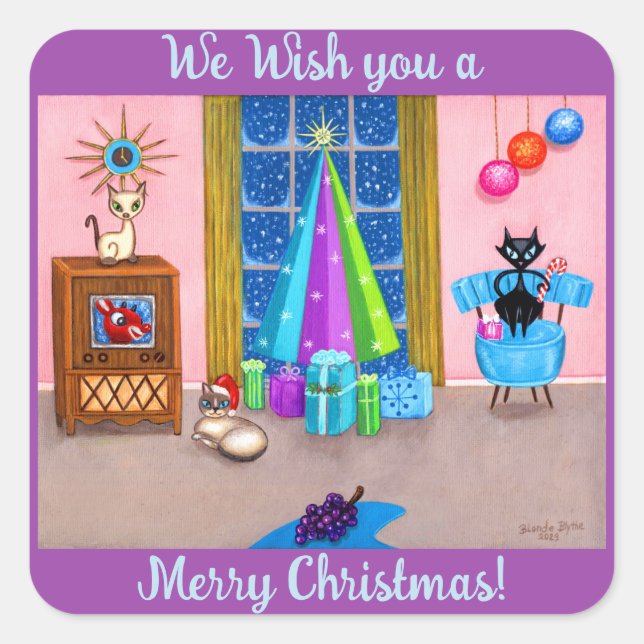 Sticker Carré Mi-siècle moderne Noël de l'âge atomique chats TV (Devant)