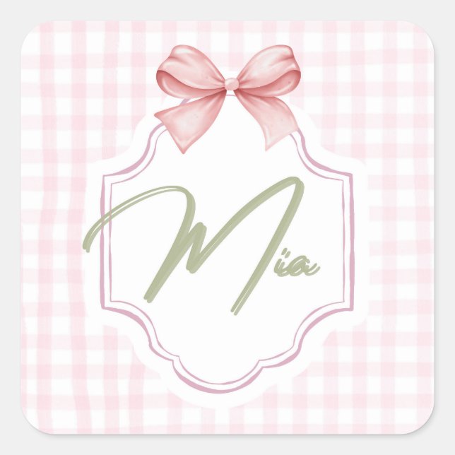 Sticker Carré Mia Baby Girl Nursery Bow & En vichy personnalisée (Devant)