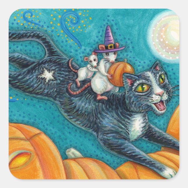 STICKER CARRÉ MICE BLANCHE & CHAT NOIR SUR CHASSE HALLOWEEN SCAV (Devant)