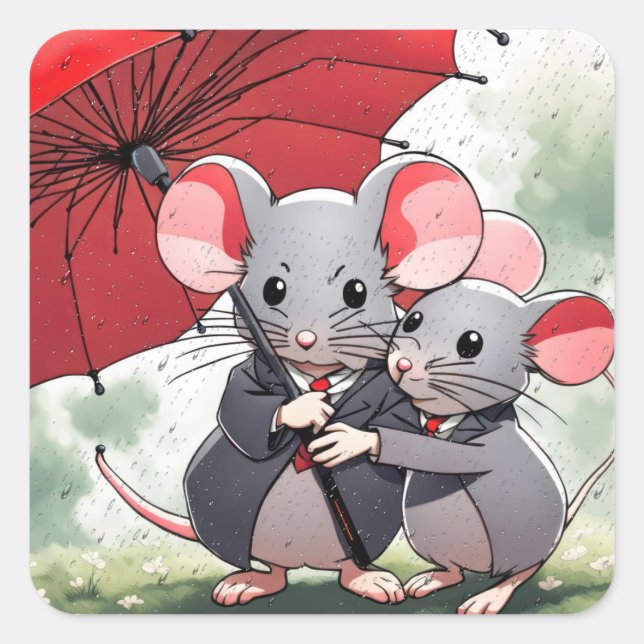 Sticker Carré Mice sous un parapluie rouge (Devant)