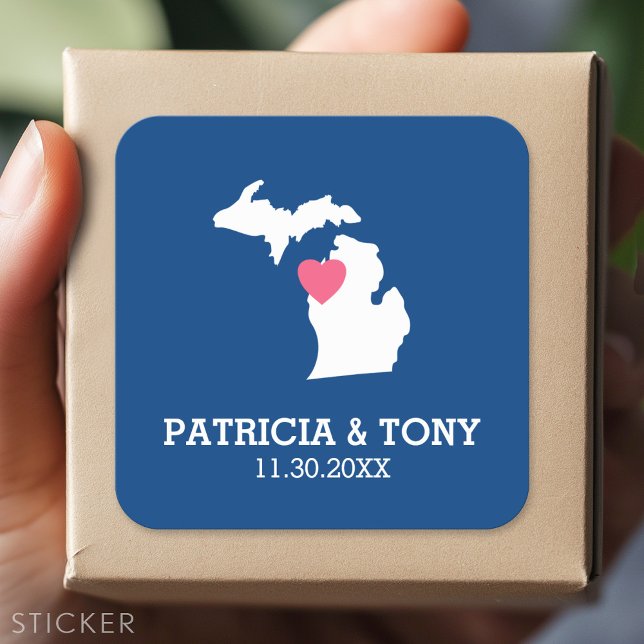 Sticker Carré Michigan State Map with Custom Love Heart and Name (Custom Sticker)