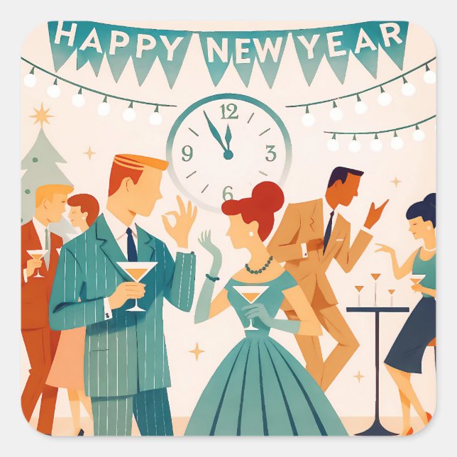 Sticker Carré Mid Century Happy New Year The Martini Dance (Devant)