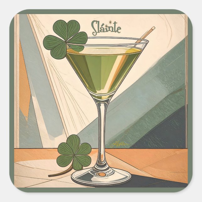 Sticker Carré Mid Century Modern Art Shamrock Martini Sláinte!  (Devant)