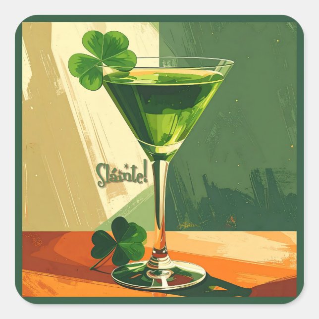 Sticker Carré Mid Century Modern Shamrock Martini Sláinte!  (Devant)