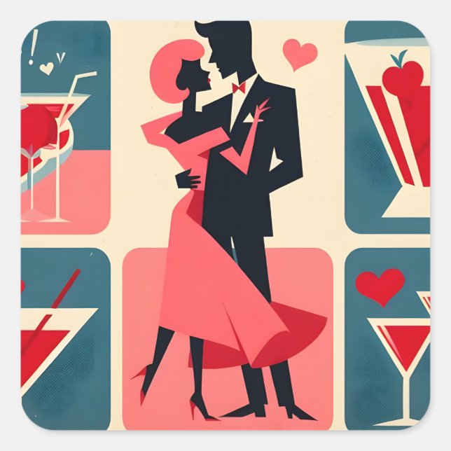 Sticker Carré Mid Century moderne Valentine Dancing Couple (Devant)