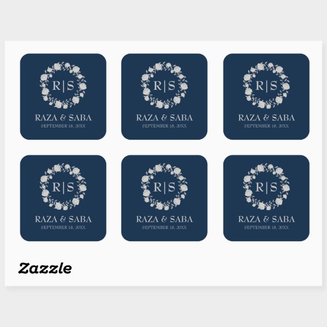 Sticker Carré Midnight Serenity Navy and Silver Wedding (Feuille)