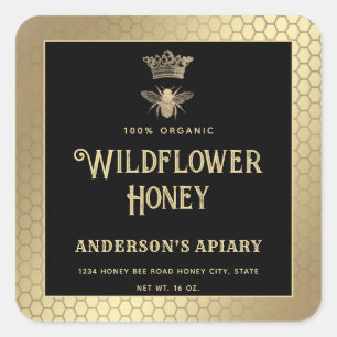 Sticker Carré Miel pot or noir moderne reine abeille